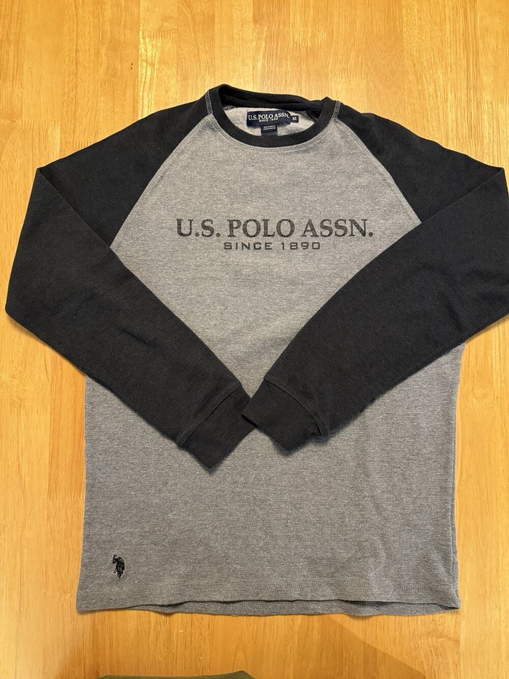 US Polo Assn Mens XL Thermal Shirt Gray Black Waffle Knit Long Sleeve Raglan